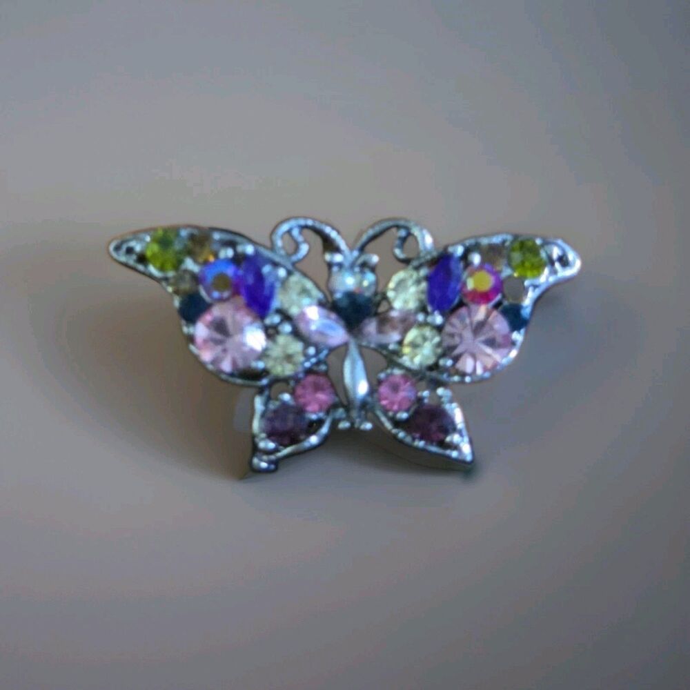 Vintage Silver Tone Multi Color Rhinestone Butterfly Brooch Pin Insect Jewelry